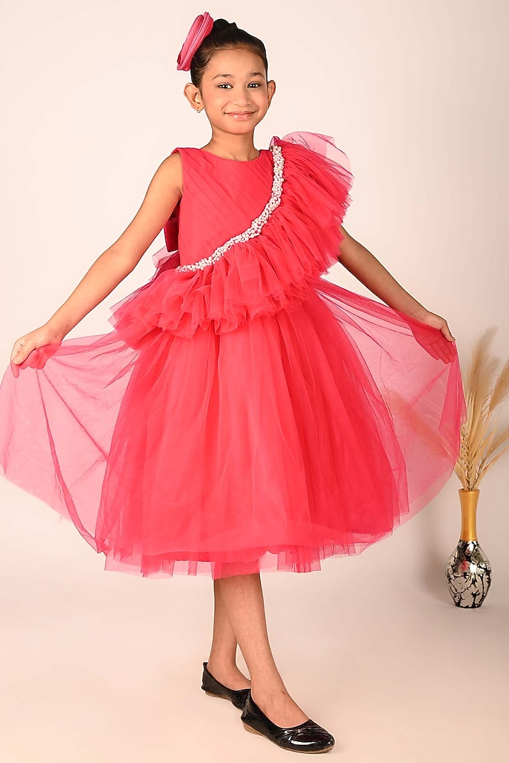 Fuchsia Pink Net & Tulle Asymmetrical Dress For Girls by Devykids at Pernia's Pop Up Shop