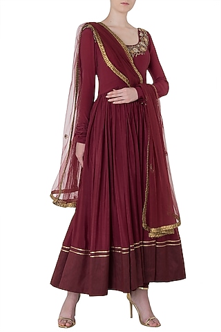 Plum Embroidered Anarkali Set by Trisha Dutta