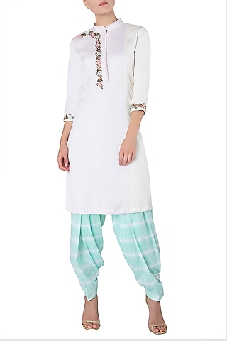 Baby Pink and Offwhite Embroidered Kurta with Mint Green Shibori Salwar by Trisha Dutta