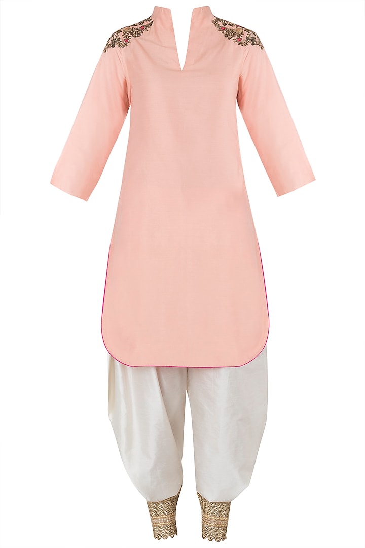 Peach embroidered kurta with off white drape dhoti pants available only at Pernia's Pop Up Shop.