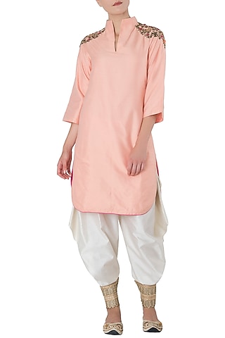 Peach Embroidered Kurta with Off White Drape Dhoti Pants by Trisha Dutta