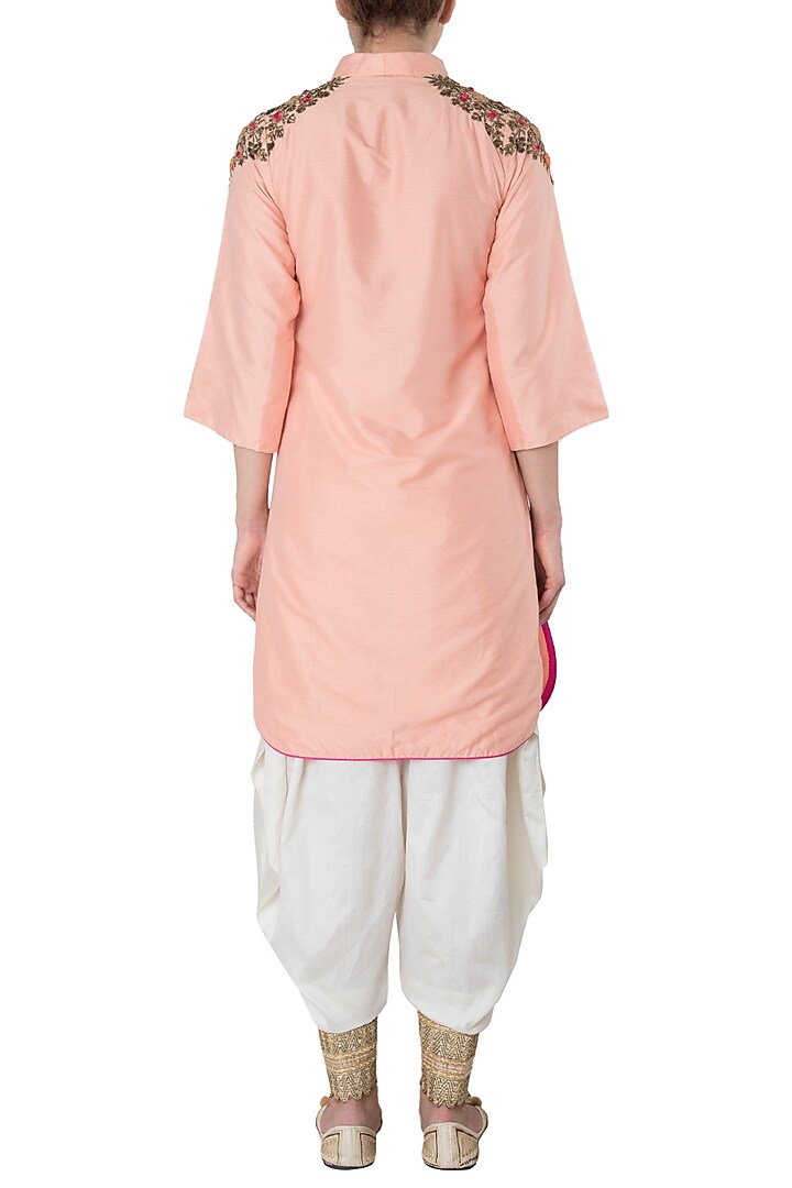 Peach embroidered kurta with off white drape dhoti pants available only at Pernia's Pop Up Shop.