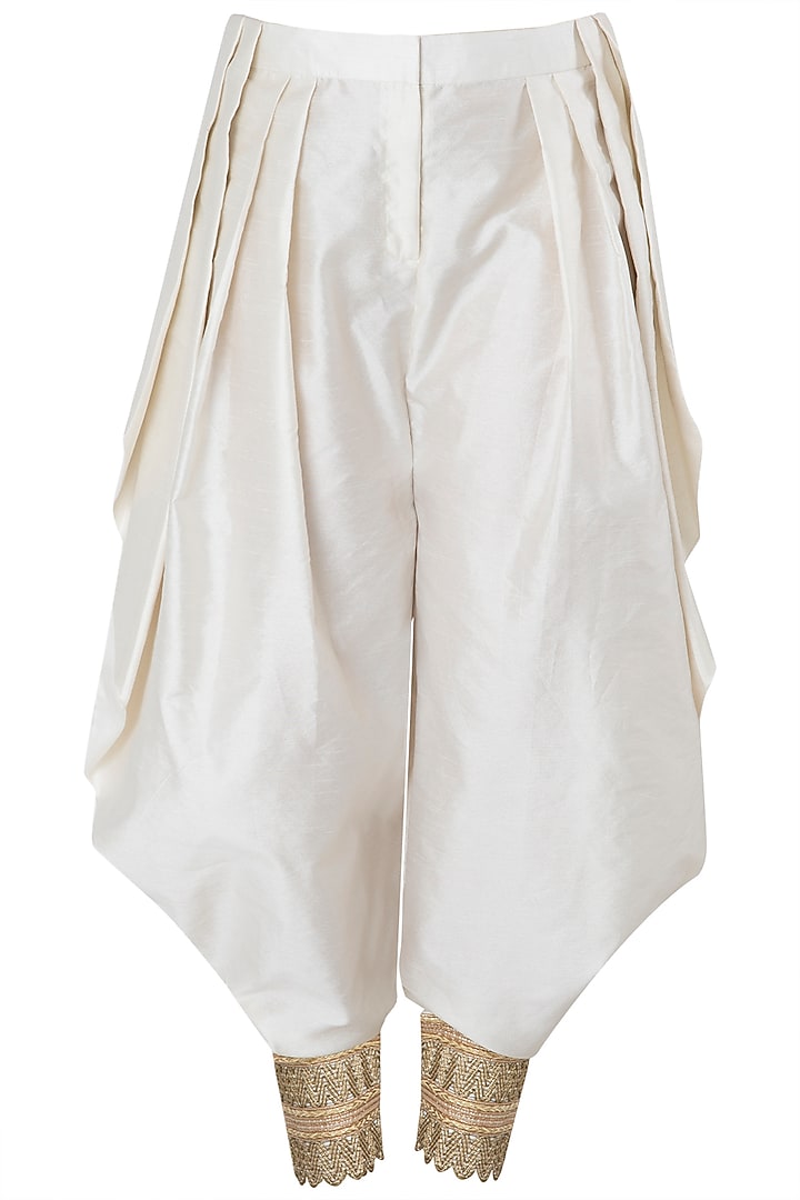 Peach embroidered kurta with off white drape dhoti pants available only at Pernia's Pop Up Shop.