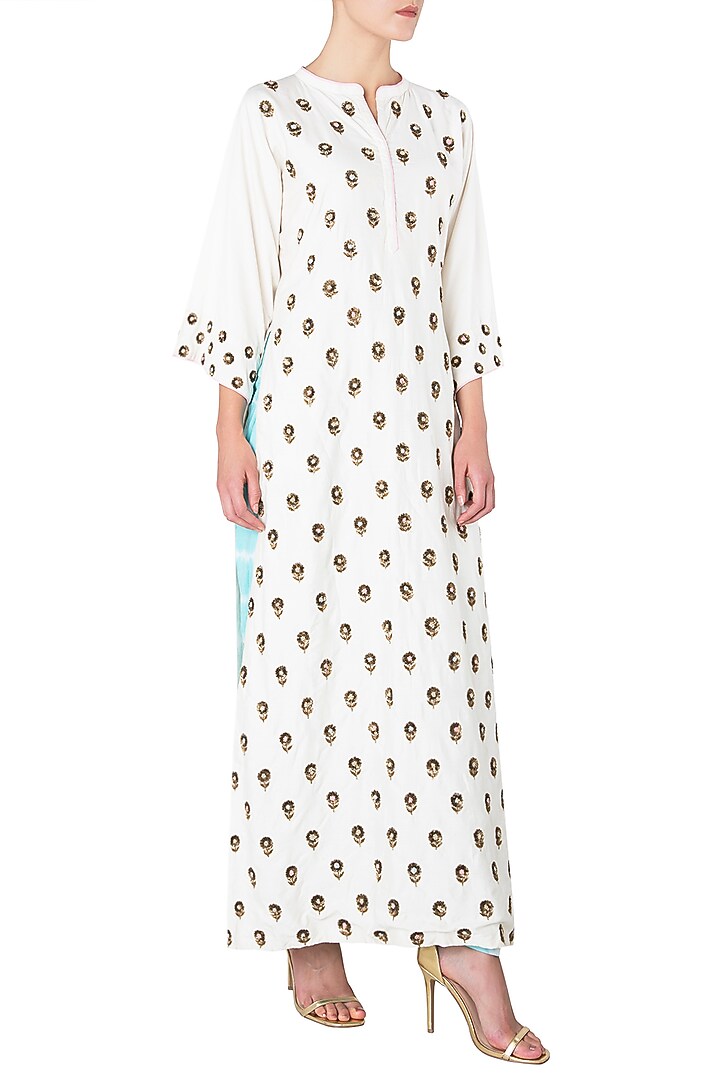 Off white embroidered long kurta with blue shibori salwar available only at Pernia's Pop Up Shop.