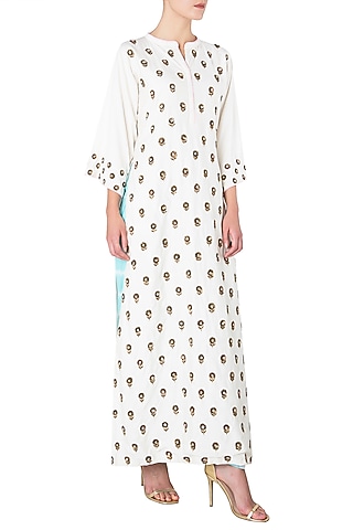 Off White Embroidered Long Kurta with Blue Shibori Salwar by Trisha Dutta