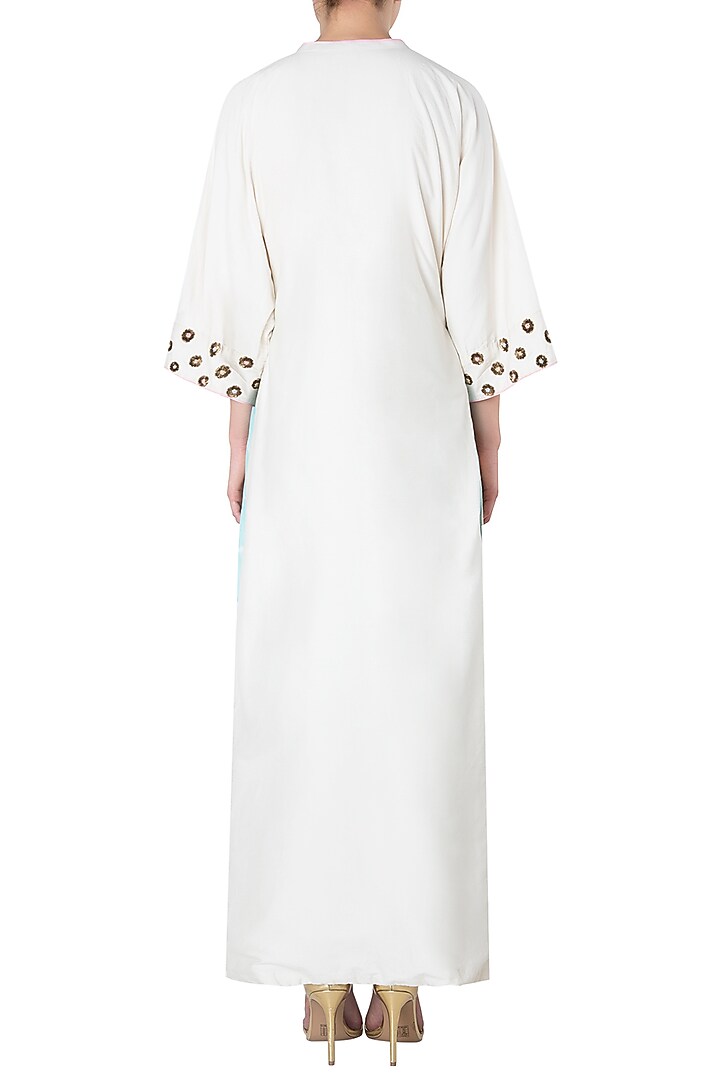 Off white embroidered long kurta with blue shibori salwar available only at Pernia's Pop Up Shop.