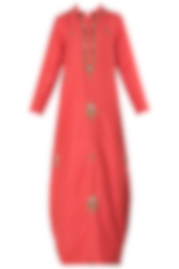 Vermilion Red Embroidered Drape Maxi Dress by Trisha Dutta