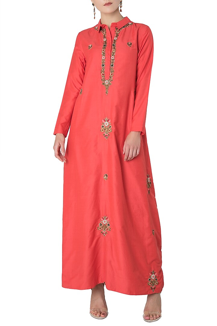 Vermilion red embroidered drape maxi dress available only at Pernia's Pop Up Shop.