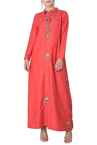 Vermilion Red Embroidered Drape Maxi Dress by Trisha Dutta