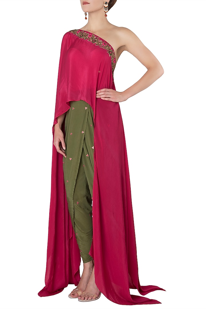 Fuschia pink embroidered one shoulder top with olive green dhoti pants available only at Pernia's Pop Up Shop.