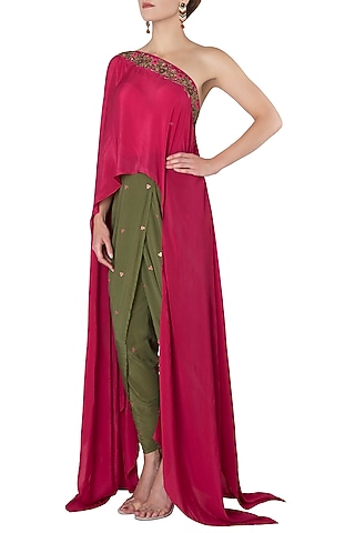 Fuschia Pink Embroidered One Shoulder Top with Olive Green Dhoti Pants by Trisha Dutta