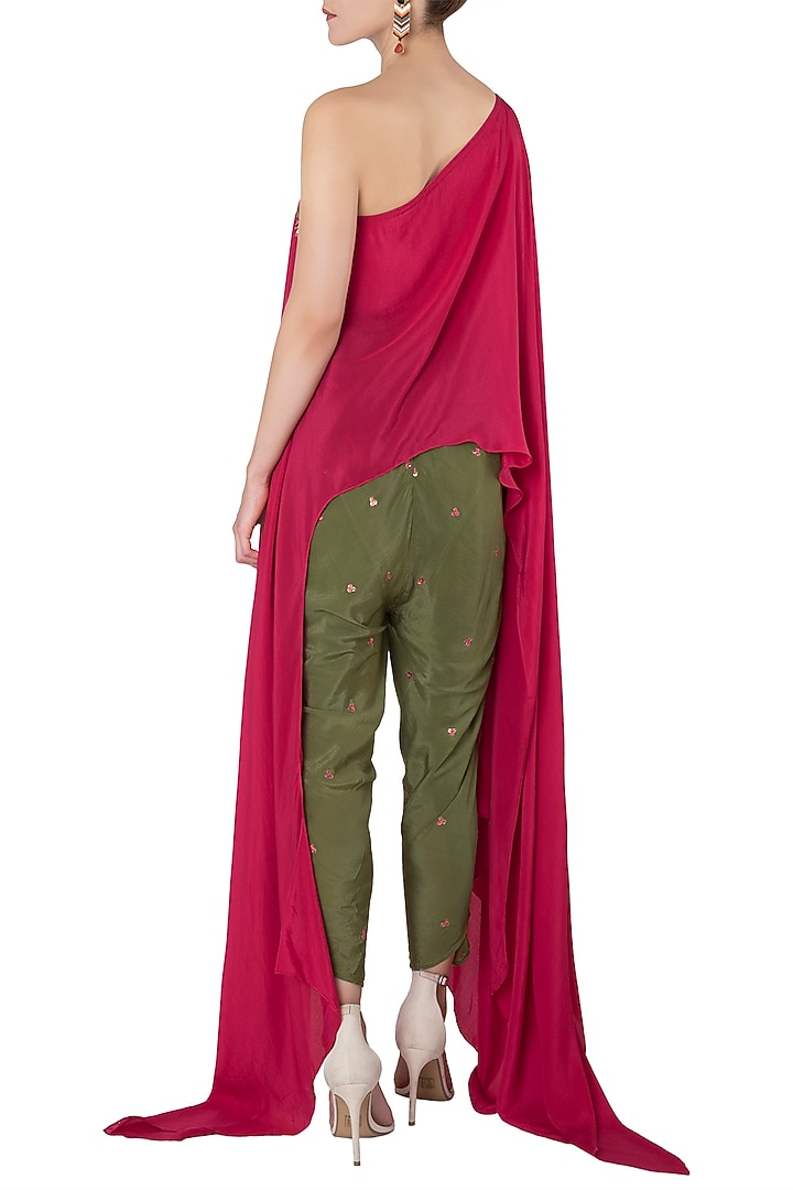 Fuschia pink embroidered one shoulder top with olive green dhoti pants available only at Pernia's Pop Up Shop.