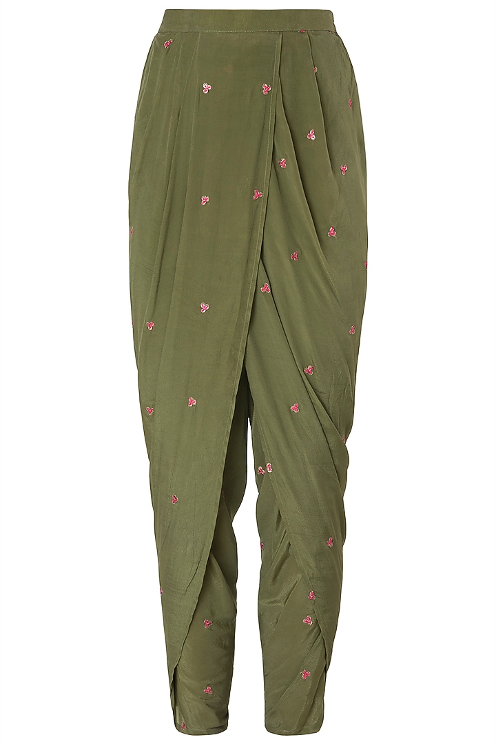 Fuschia pink embroidered one shoulder top with olive green dhoti pants available only at Pernia's Pop Up Shop.