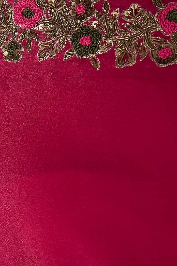 Fuschia pink embroidered one shoulder top with olive green dhoti pants available only at Pernia's Pop Up Shop.