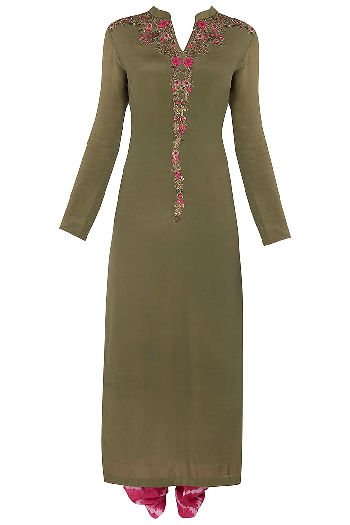 Olive green embroidered long kurta with pink shibori salwar available only at Pernia's Pop Up Shop.