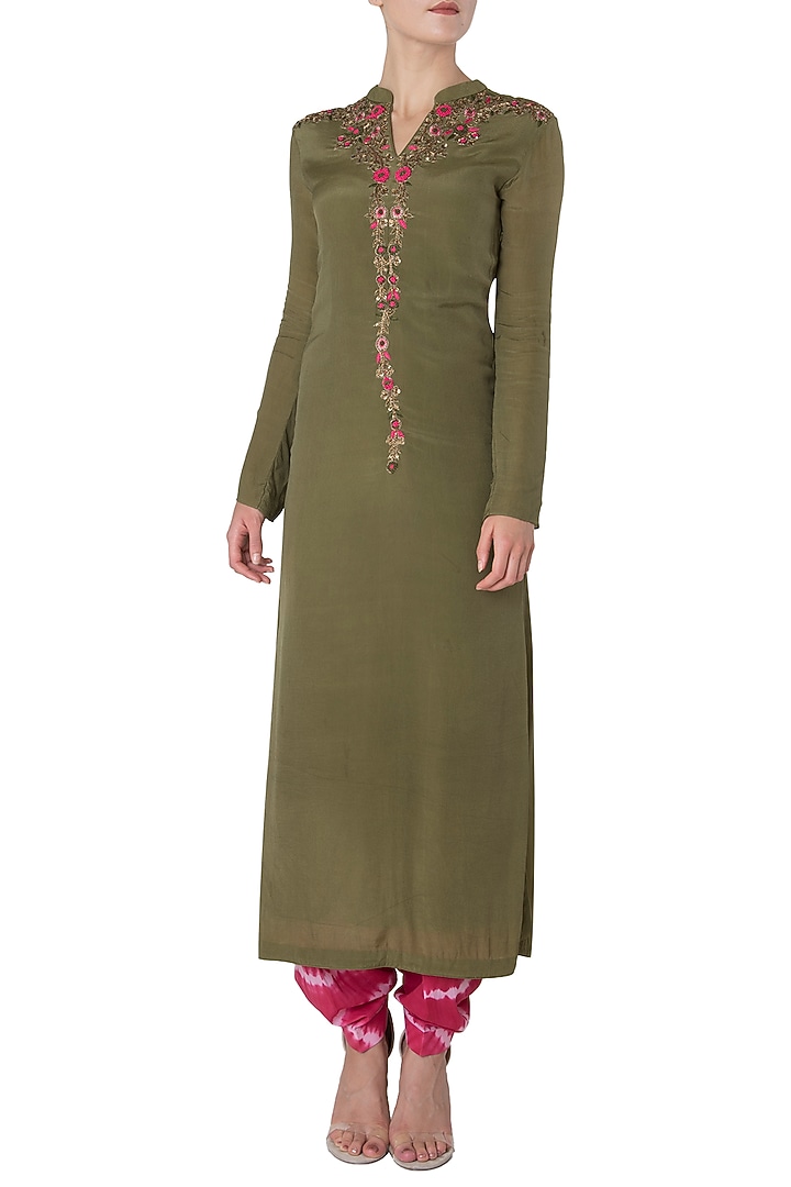 Olive green embroidered long kurta with pink shibori salwar available only at Pernia's Pop Up Shop.