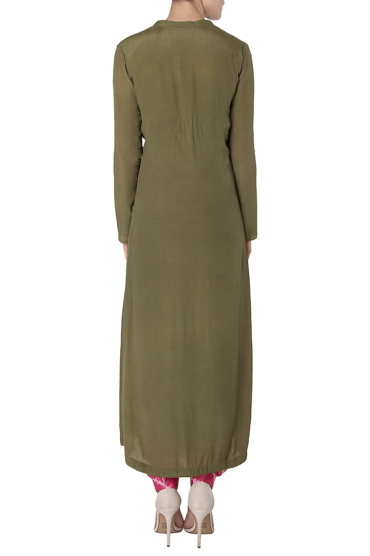 Olive green embroidered long kurta with pink shibori salwar available only at Pernia's Pop Up Shop.