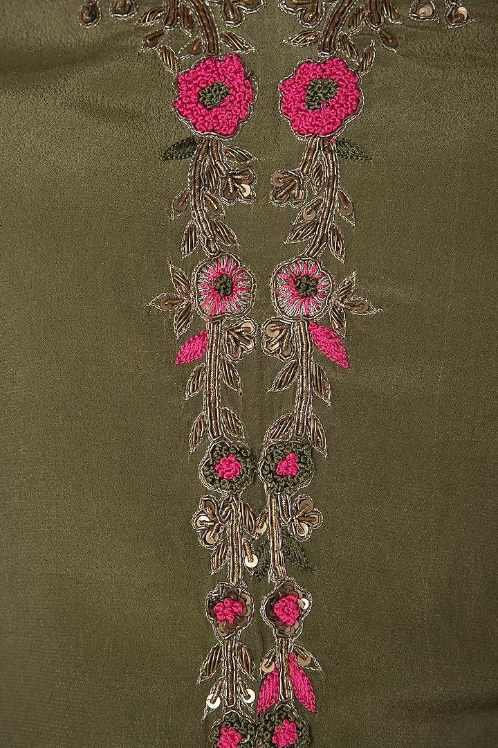 Olive green embroidered long kurta with pink shibori salwar available only at Pernia's Pop Up Shop.