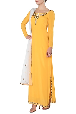 Turmeric Yellow Embroidered Kurta with Salwar Pants Set by Trisha Dutta