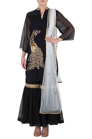 Black Embroidered Kurta with Gharara Pants Set by Trisha Dutta