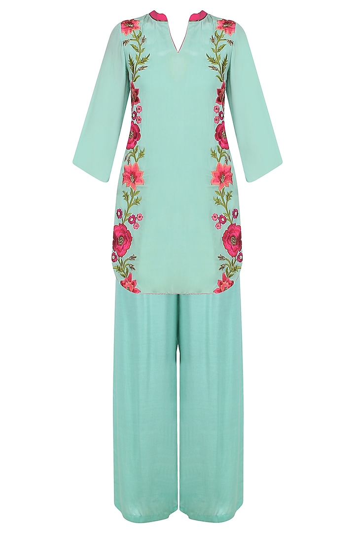 Mint green floral embroidered kurta with palazzo pants set 2023