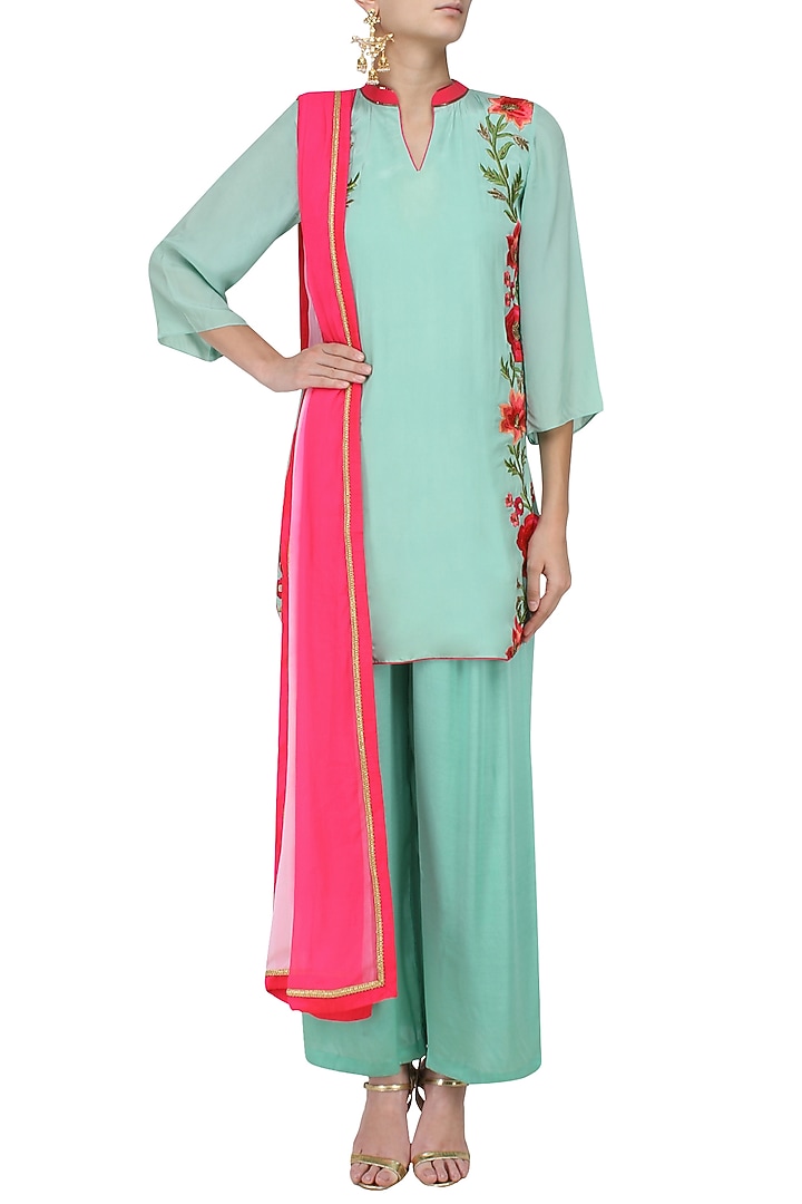 Mint green floral embroidered kurta with palazzo pants set