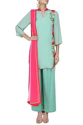 Mint Green Floral Embroidered Kurta Set by Trisha Dutta