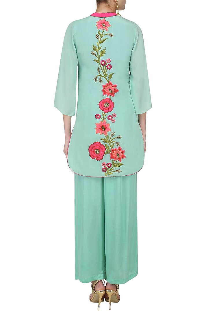 Mint green floral embroidered kurta with palazzo pants set
