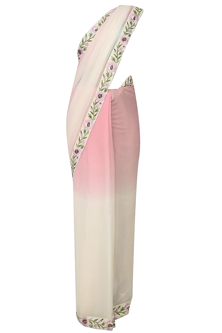 Off White and Baby Ombre Floral Motif Saree with Embroidered Blouse by Trisha Dutta