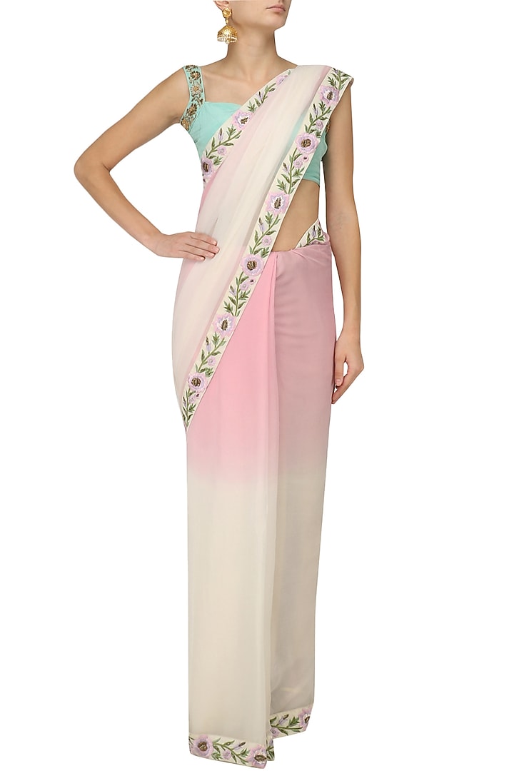 Off white and baby ombre floral motif saree with embroidered blouse available only at Pernia's Pop Up Shop.