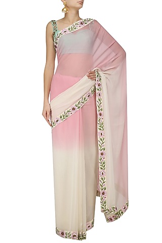 Off White and Baby Ombre Floral Motif Saree with Embroidered Blouse by Trisha Dutta