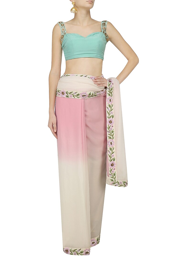 Off white and baby ombre floral motif saree with embroidered blouse available only at Pernia's Pop Up Shop.