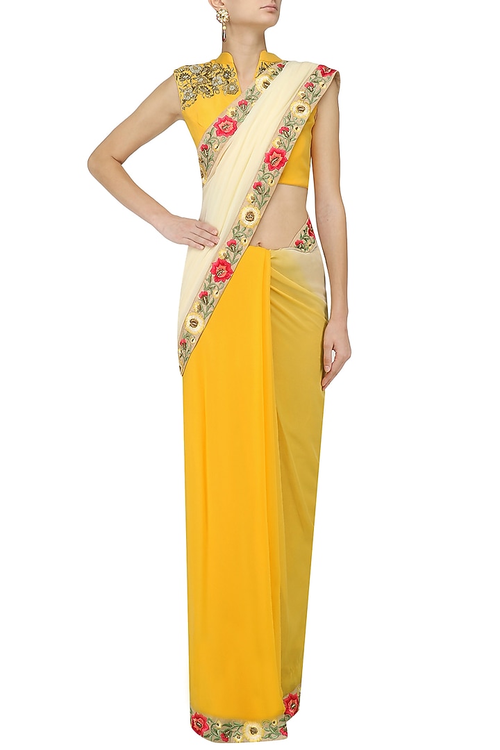 Apricot and off-white ombre floral motif saree with embroidered blouse available only at Pernia's Pop Up Shop.