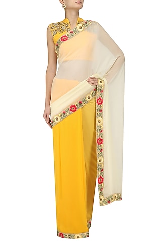 Apricot and Off-White Ombre Floral Motif Saree with Embroidered Blouse by Trisha Dutta