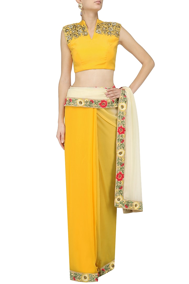 Apricot and off-white ombre floral motif saree with embroidered blouse available only at Pernia's Pop Up Shop.