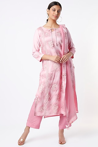 Candy Pink Handloom Silk Kurta Set by Tina Eapen