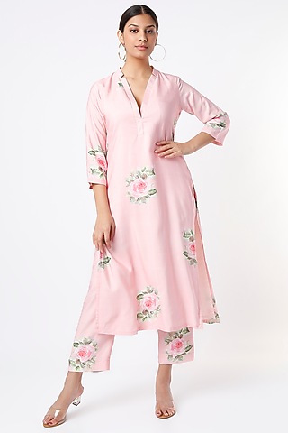 Pink Handloom Silk Kurta Set by Tina Eapen