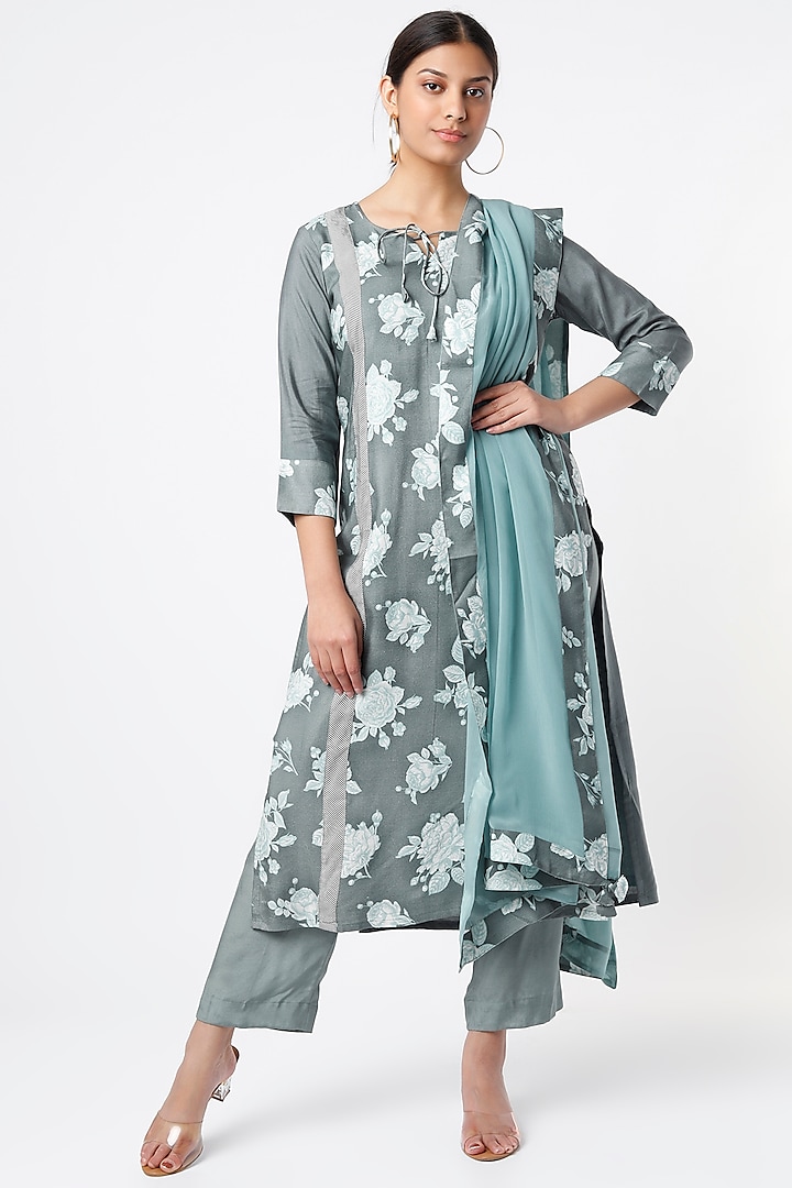 Jade Green-Grey Floral Kurta Set by Tina Eapen at Pernia's Pop Up Shop