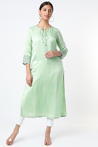 Green Kurta In Cotton Linen  by Tina Eapen