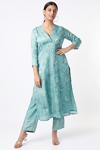 Teal Floral Kurta Set by Tina Eapen