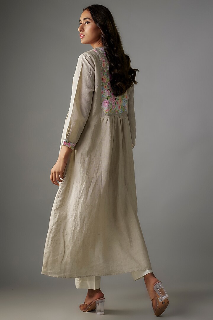 Beige Linen Floral Printed Co-Ord Set by Tina Eapen at Pernia's Pop Up Shop