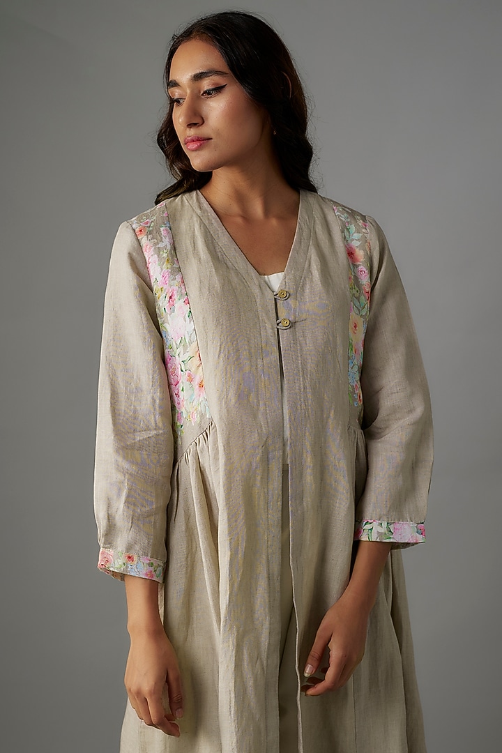 Beige Linen Floral Printed Co-Ord Set by Tina Eapen at Pernia's Pop Up Shop
