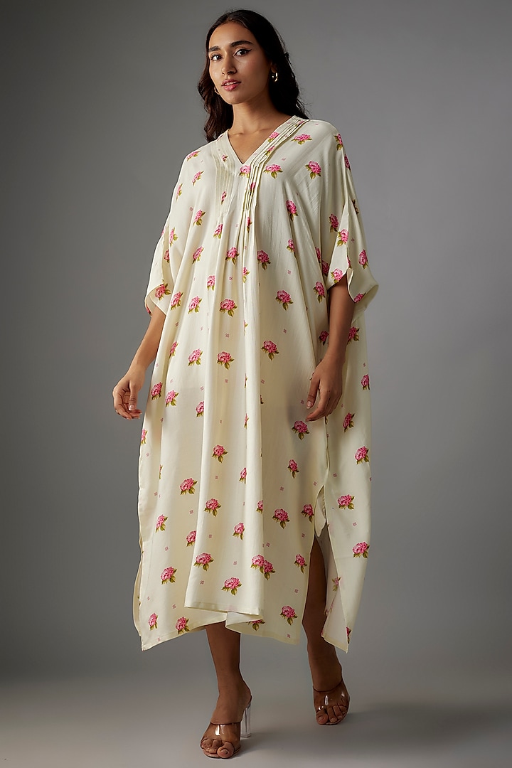 Beige Cotton Silk Floral Printed Kaftan Dress by Tina Eapen