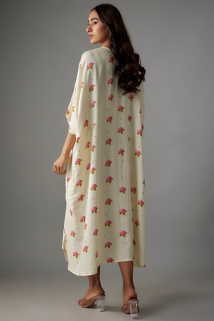 Beige Cotton Silk Floral Printed Kaftan Summer Dress by Tina Eapen at Pernia's Pop Up Shop