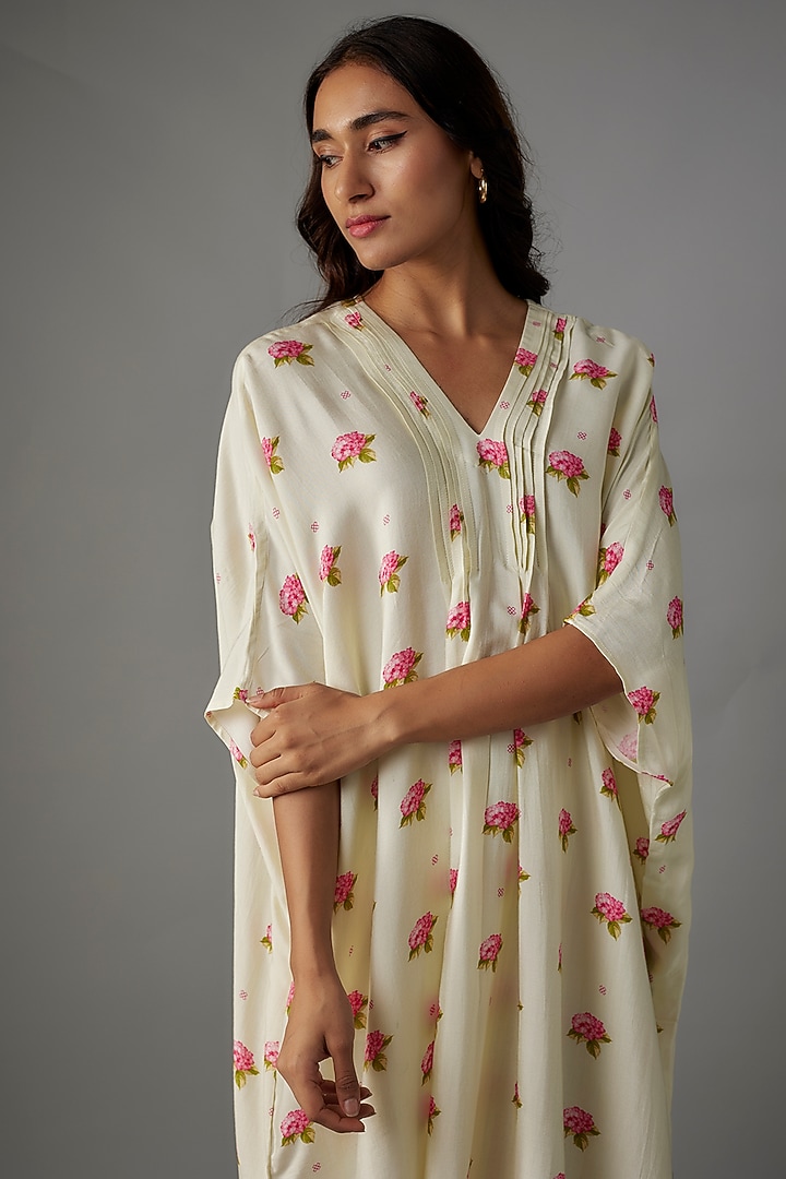 Beige Cotton Silk Floral Printed Kaftan Summer Dress by Tina Eapen at Pernia's Pop Up Shop