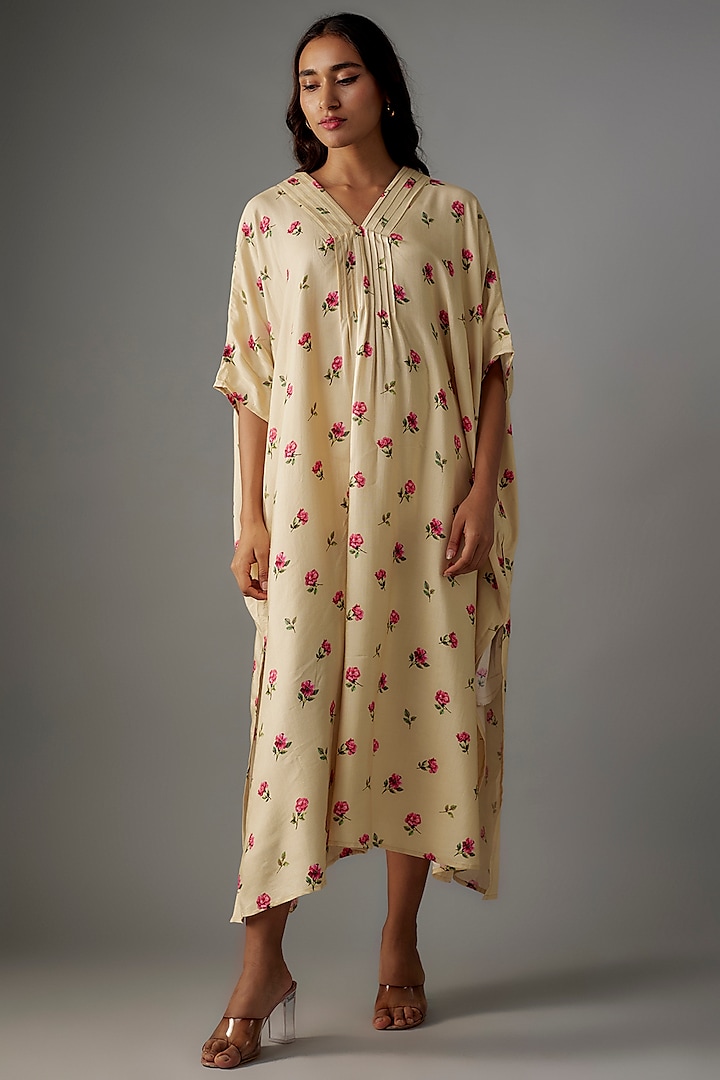 Beige Cotton Silk Floral Printed Kaftan Dress by Tina Eapen