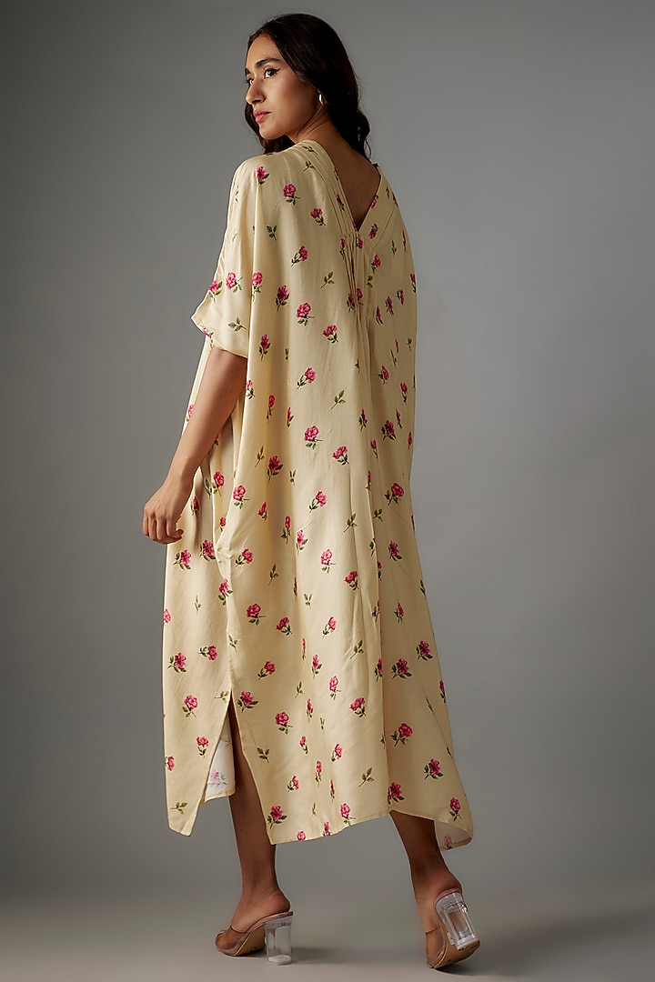 Beige Cotton Silk Floral Printed Kaftan Summer Dress by Tina Eapen at Pernia's Pop Up Shop