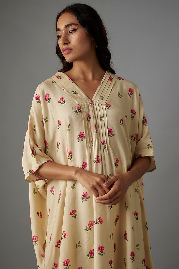 Beige Cotton Silk Floral Printed Kaftan Summer Dress by Tina Eapen at Pernia's Pop Up Shop