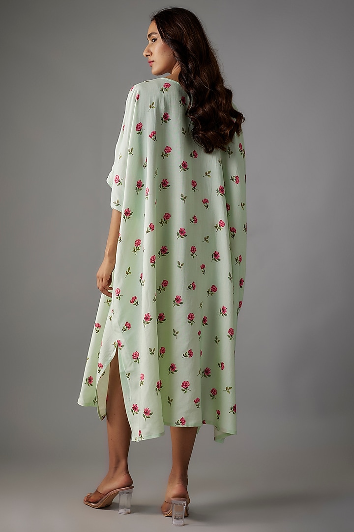 Mint Green Cotton Silk Floral Printed Kaftan Summer Dress by Tina Eapen at Pernia's Pop Up Shop