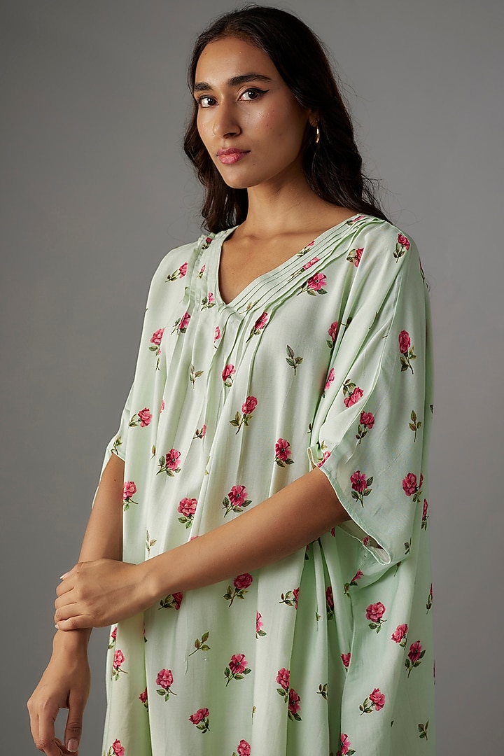Mint Green Cotton Silk Floral Printed Kaftan Summer Dress by Tina Eapen at Pernia's Pop Up Shop